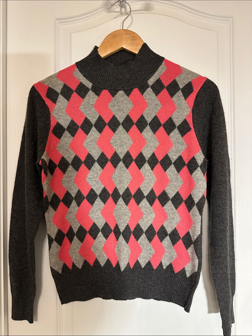 Veronese Cashmere Charcoal Turtleneck Sweater with Coral Argyle Front